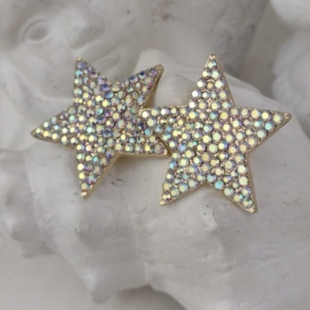 Gold Crystal Studded Sparkly Star Post Earrings with Iridescent Crystals